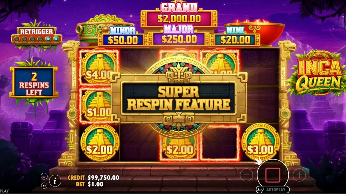 Tampilan visual slot Inca Queen dengan latar belakang kuil dan pegunungan.