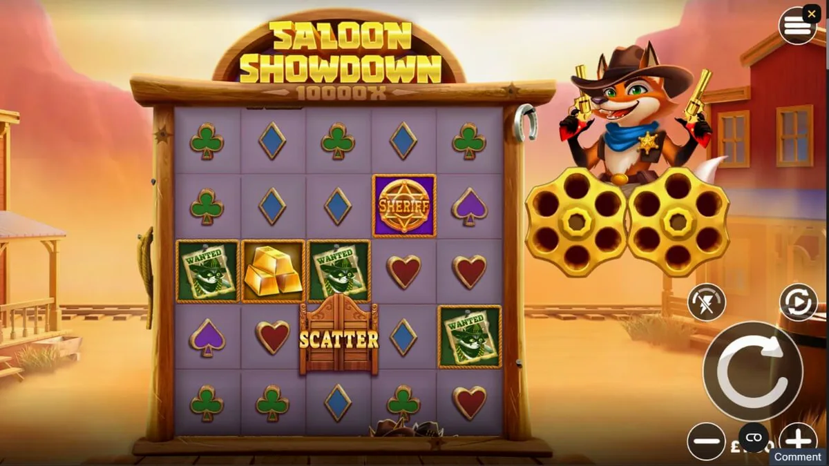 Tampilan visual slot Saloon Showdown 10,000x dengan karakter sheriff rubah dan latar belakang kota Wild West yang cerah.