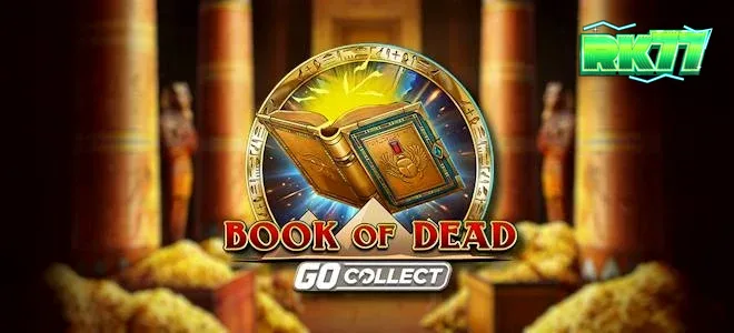 Pemandangan kuil kuno dengan elemen koin emas dalam Book of Dead GO Collect